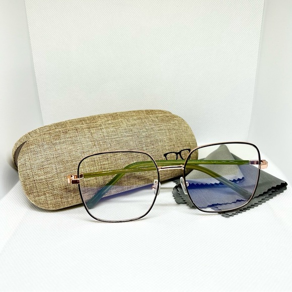 Rose Gold and Green Frame Blue Light Blocking Optical Glasses with Hard Case - Picture 1 of 4